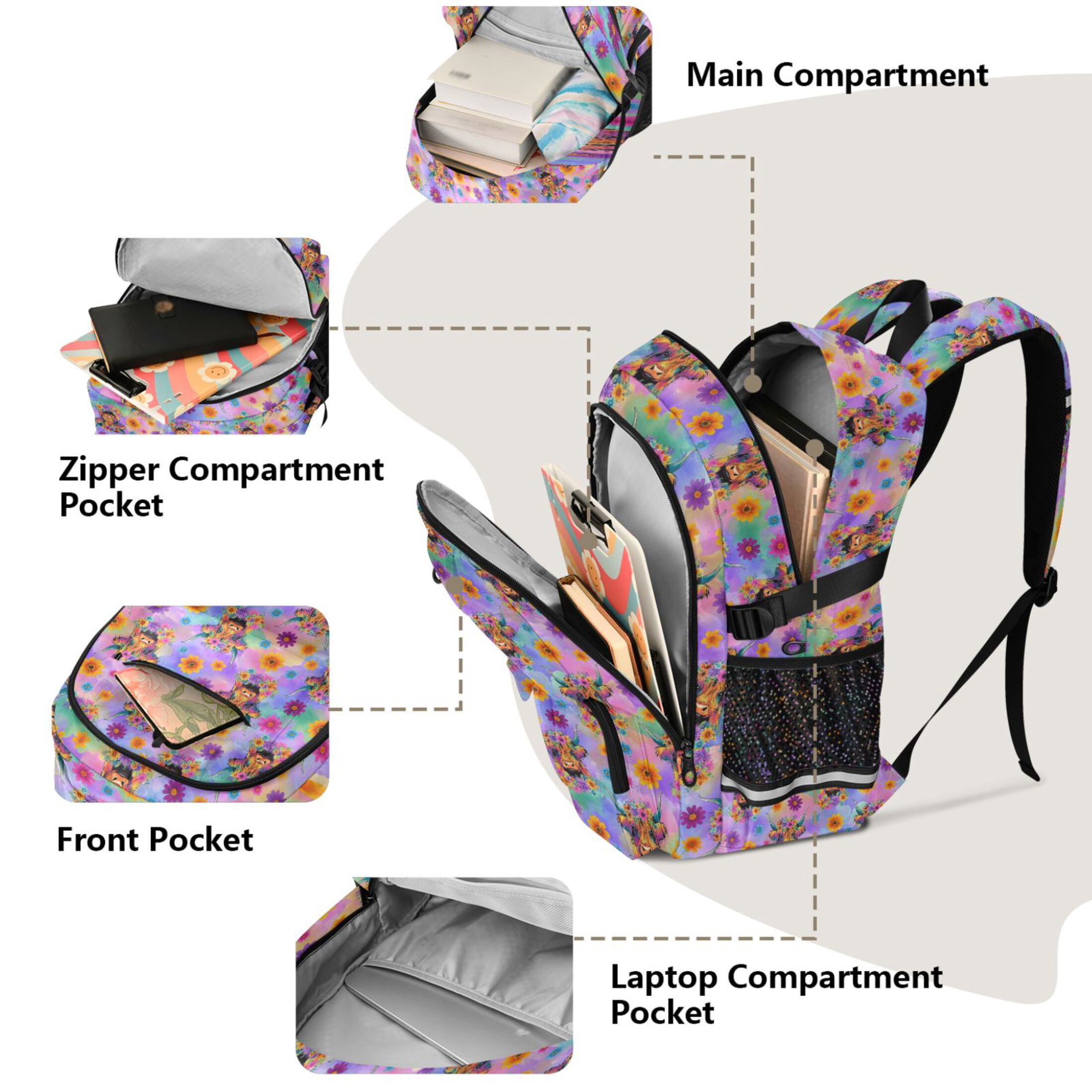 ALAZA Highland Cow Floral Gradient Print Student Backpack School Bookbag Large Laptop Daypack Travel Bag