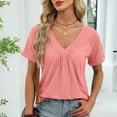 thumbnail image 5 of Staron Summer Casual V-Neck Short Sleeve Blouse for Women Solid Color Fashion Top Loose Comfy Relaxed Vacation Travel Party Shirt, Pink S, 5 of 7