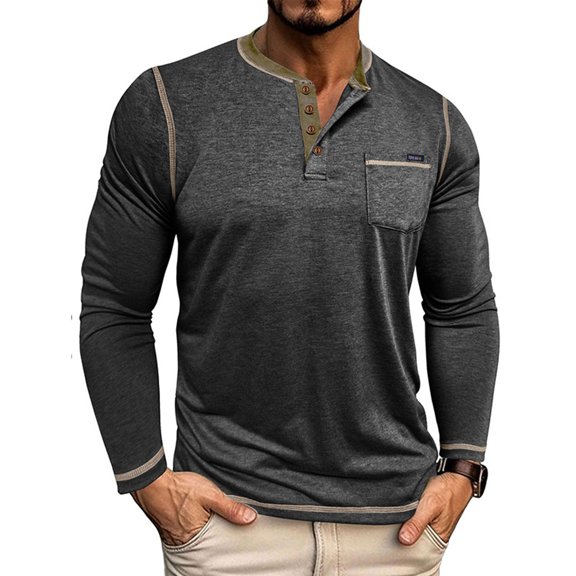 Resicozy Men's Long Sleeve Henley Shirts Big and Tall Button V-Neck T-Shirt Classic Causal Solid Color Top with Pockets Black 3XL