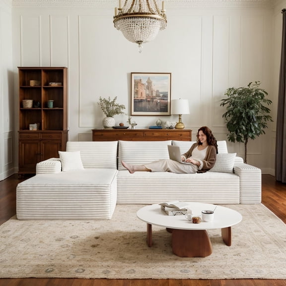 CKEASEAN 107" Oversized Boneless Couch with Left L-Shape Chaise, Modern Modular Sectional Sofa with Deep Seat, No Assembly Required, Cloud Sectional Couch, Corduroy Fabric