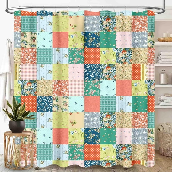 Patchwork Shower Curtain, Boho Floral Vintage Bohemian Colorful Wild Flower Pattern Stitching Bohemian Retro Waterproof Fabric Bathroom Shower Curtain Set with Hooks-72"W x 78"L (Pack of 1)