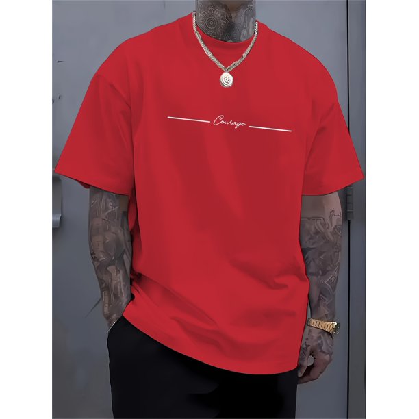 Men'S Casual Crew Neck T-Shirt with Trendy English Print, 100% Cotton, Slight Stretch Knit Fabric, Regular Fit, Summer Wear - MBDMBD, Casual Sporty Tee, Comfy Tee