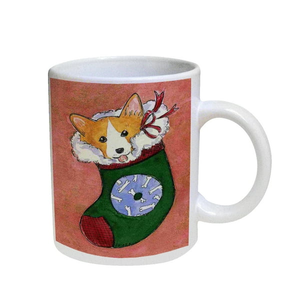KuzmarK Coffee Cup Mug Pearl Iridescent White - Corgi Christmas Stocking JOY Set O Dog Art by Denise Every
