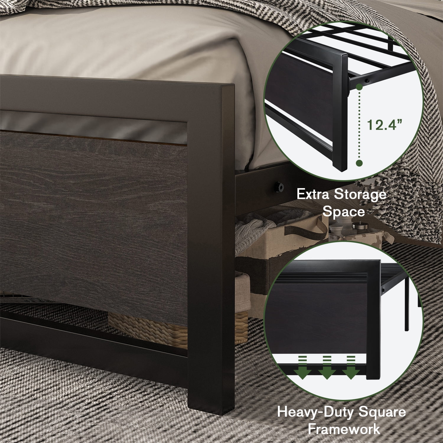 Einfach Queen Size Metal Platform Bed Frame with Wooden Headboard & Footboard, Black Oak
