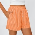 thumbnail image 2 of Costeam Womens Vertical Striped Casual Shorts Ruffled Smocked Elastic Waist Fake Front Button Detail Side Inset Pockets Lightweight Crinkle Woven Fabric Loose Fit Summer Sleep Short Bottoms, 2 of 6