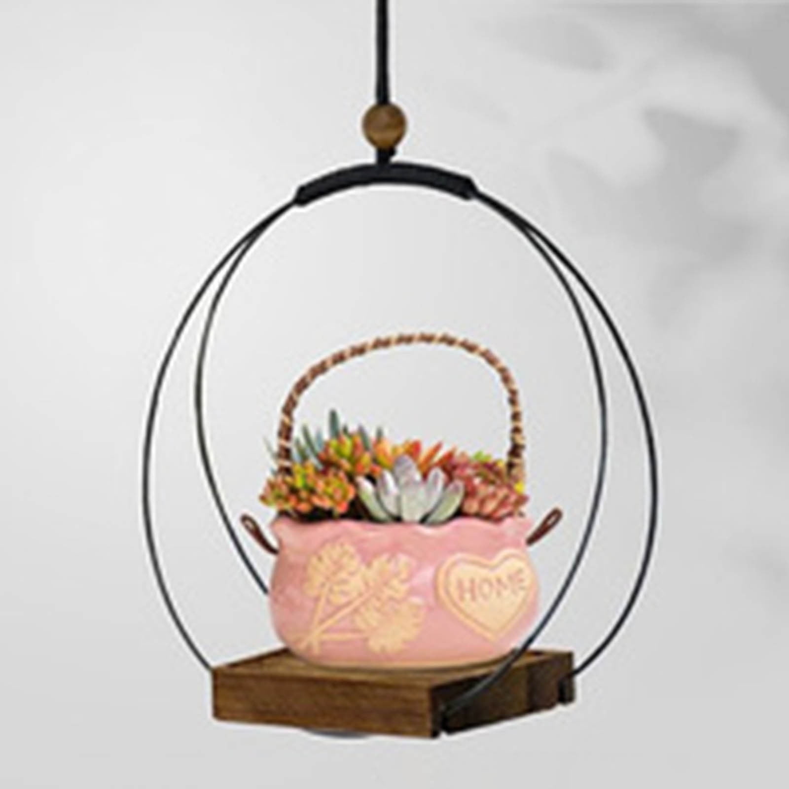 Modern Metal Hanging Planter - Indoor/Outdoor Hanger with Sturdy Wood Base - Wall/Ceiling Mounted Flower Pot for Home Decor - Space-Saving Design for Herbs, Succulents & Small