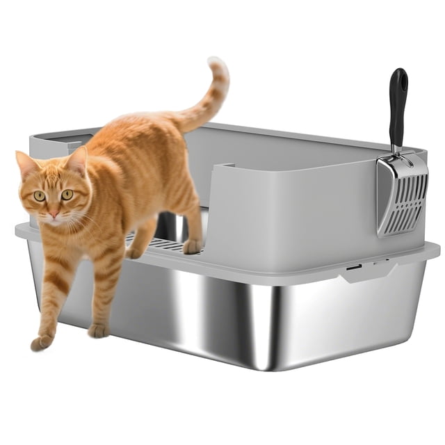 PawHut XL Stainless Steel Litter Box, High Sided Cat Litter Box with Scoop