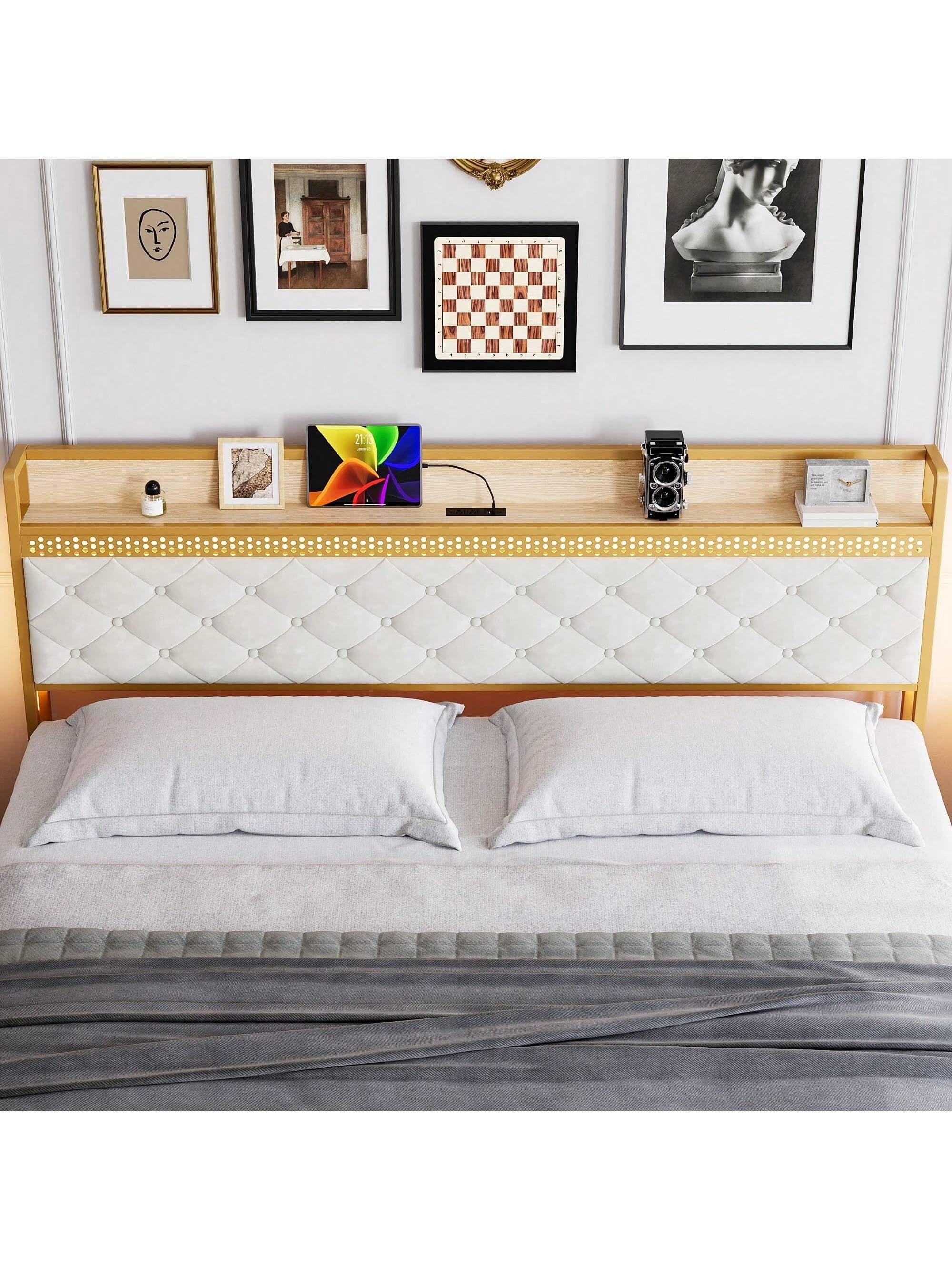 White King size bed King Size Bed Frame, Platform Bed Frame With RGB LED Lights And 2 Storage Drawers Headboard, Upholstered Bed Frame With USB Ports & Outlets And Storage Headboard, Noise Free, Whi