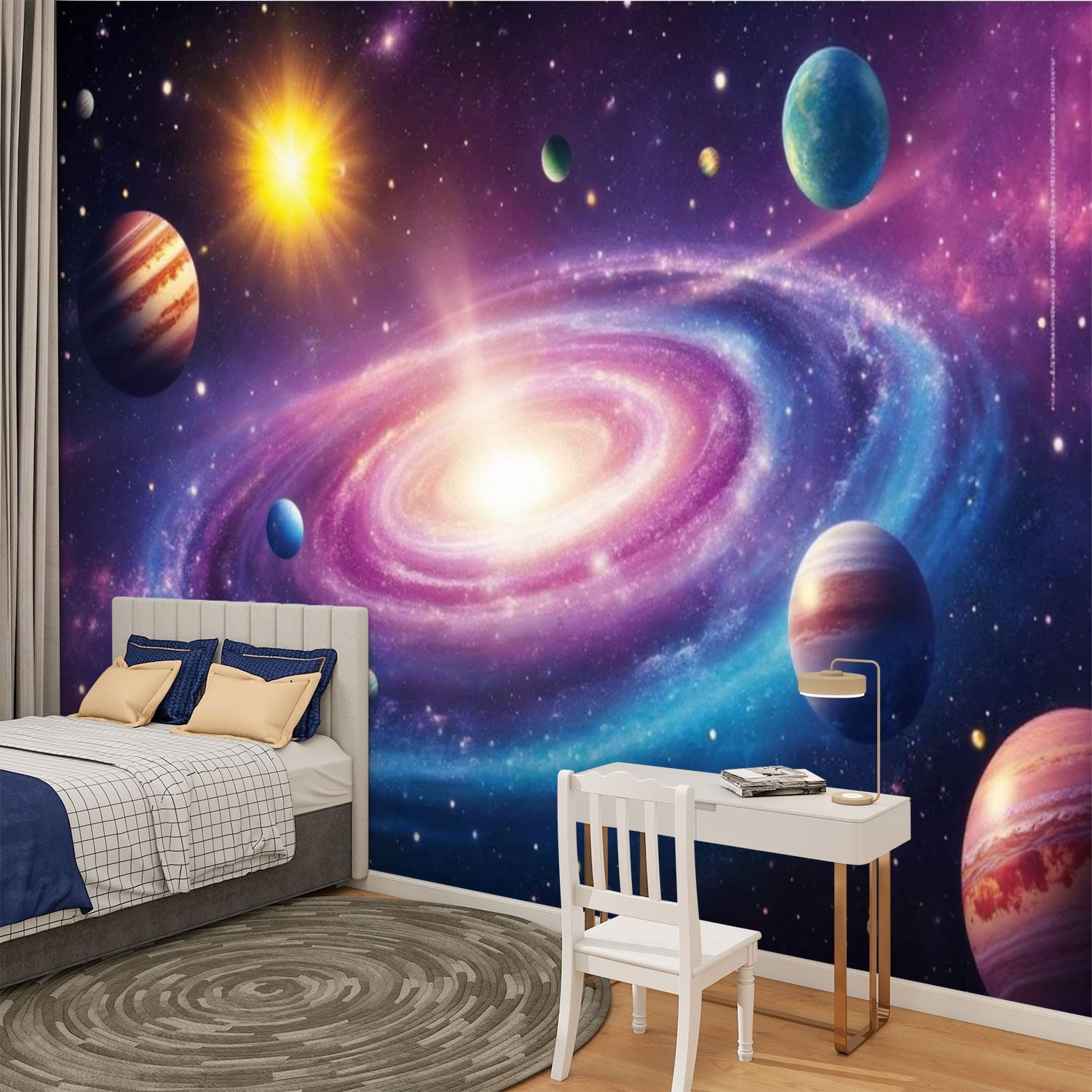 Peel and Stick Wallpaper Color Planet Galaxy Nursery Galaxy Stars Planets Nebula Spiral Modern Art Wall Mural Decor Self Adhesive and Removable 100in x 144in