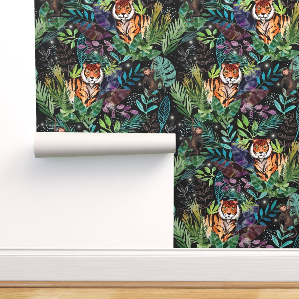Commercial Grade Wallpaper Swatch - Jungle Black Tiger Pink Nature Wild  Animals Palm Traditional Wallpaper by Spoonflower 