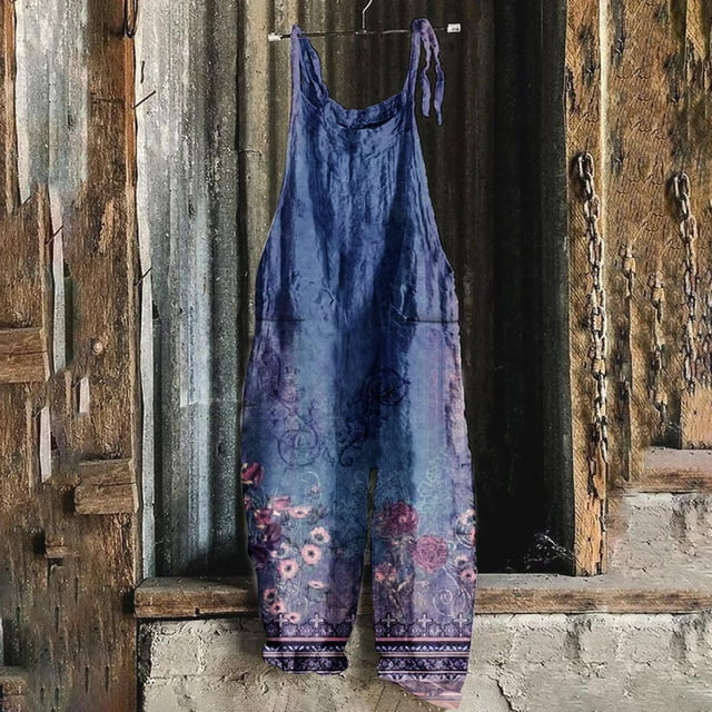 LOVZFMLL Combinaison pour Femme, Imprimée d'Été Sans Manches, Dos Nu, Ample, Longue, Bleu Foncé, S