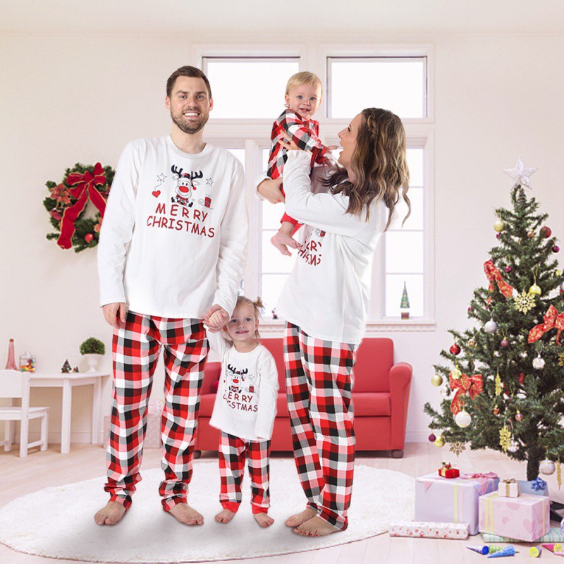 Baozhu Family Matching Parent-child Christmas Pajamas Sets Deer Plaid Print Cotton Soft Family Two-piece Fitted Outfits - image 1 of 9