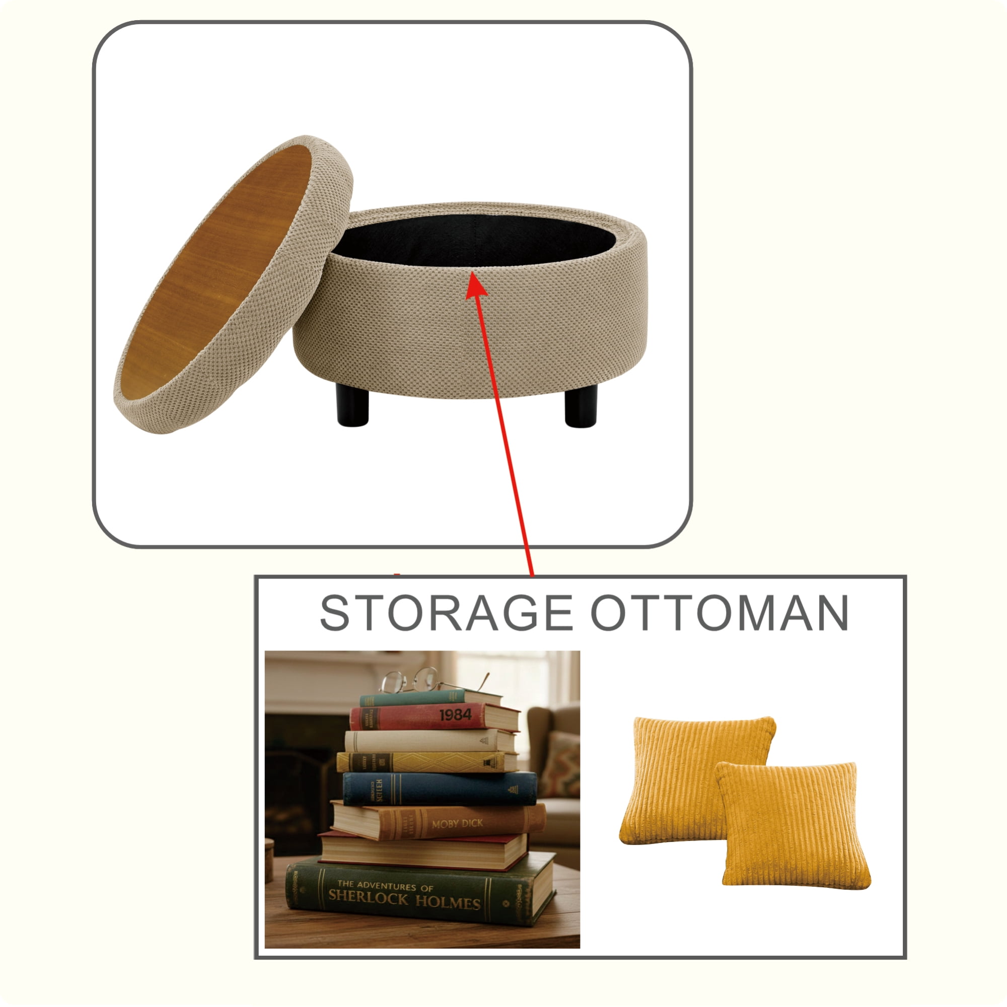 Leumius Storage Ottoman Bench,Round Coffee Table Ottoman,Wooden Top Side Table with Hidden Storage for Living Room,Bedroom,Camel