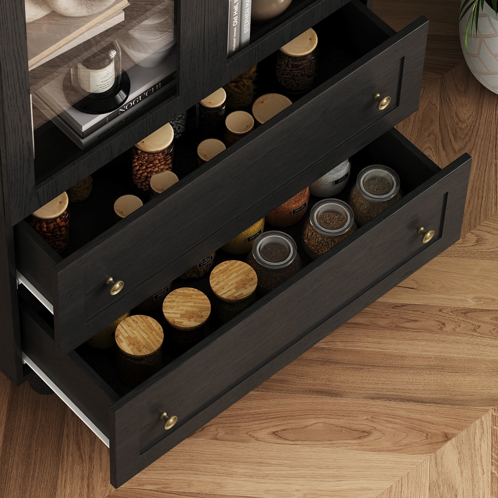IDEALSOUL Arched Kitchen Pantry Cabinet, 71" Tall Wood Storage Cabinet with 2 Glass Doors, 4 Shelves and 2 Drawers, Food Cabinet for Kitchen, Living Room, Bedroom(Black)