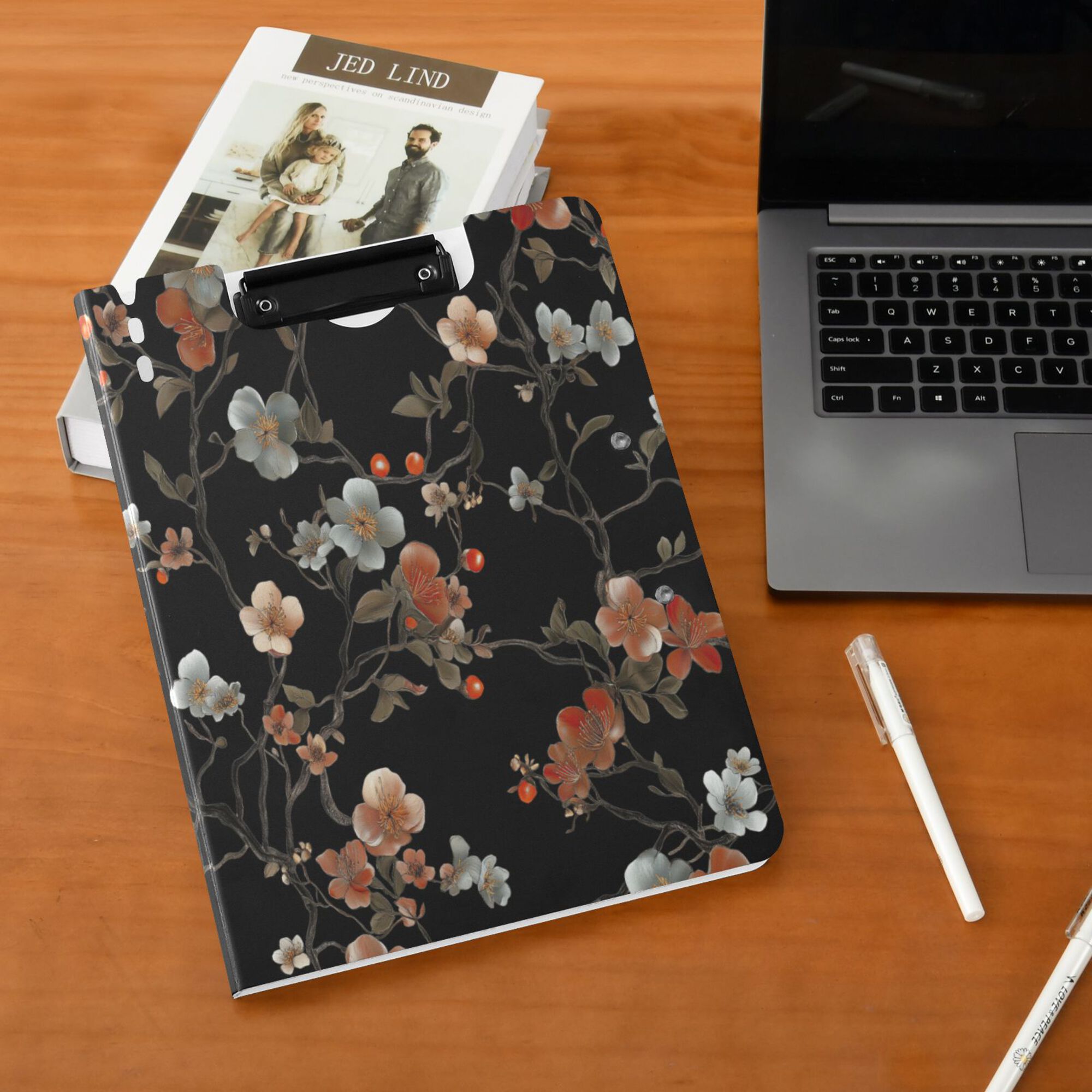 FORMRS A4 Clipboard Folder with Pen Holder Horizontal Foldable School Office Binder, Black Flowers