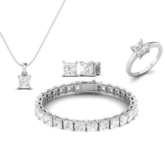 22 Carat Moissanite Diamond E Color VS1 Clarity Brilliant Cut 925 Silver Square Prong Set Halo Necklace Set Earrings Ring and Bracelet Set
