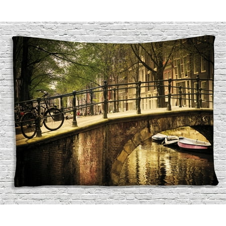 Apartment Decor Tapestry, Romantic Bridge Over Canal in Amsterdam Netherlands European Famous City Photo, Wall Hanging for Bedroom Living Room Dorm Decor, 60W X 40L Inches, Cream, by