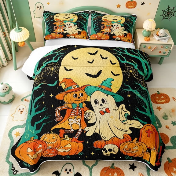 Manfei Cartoon Halloween Quilt Full,Repeating Bat Pattern Full Bedspread Sets,3 Pieces,1 Coverlet and 2 Pillowcases