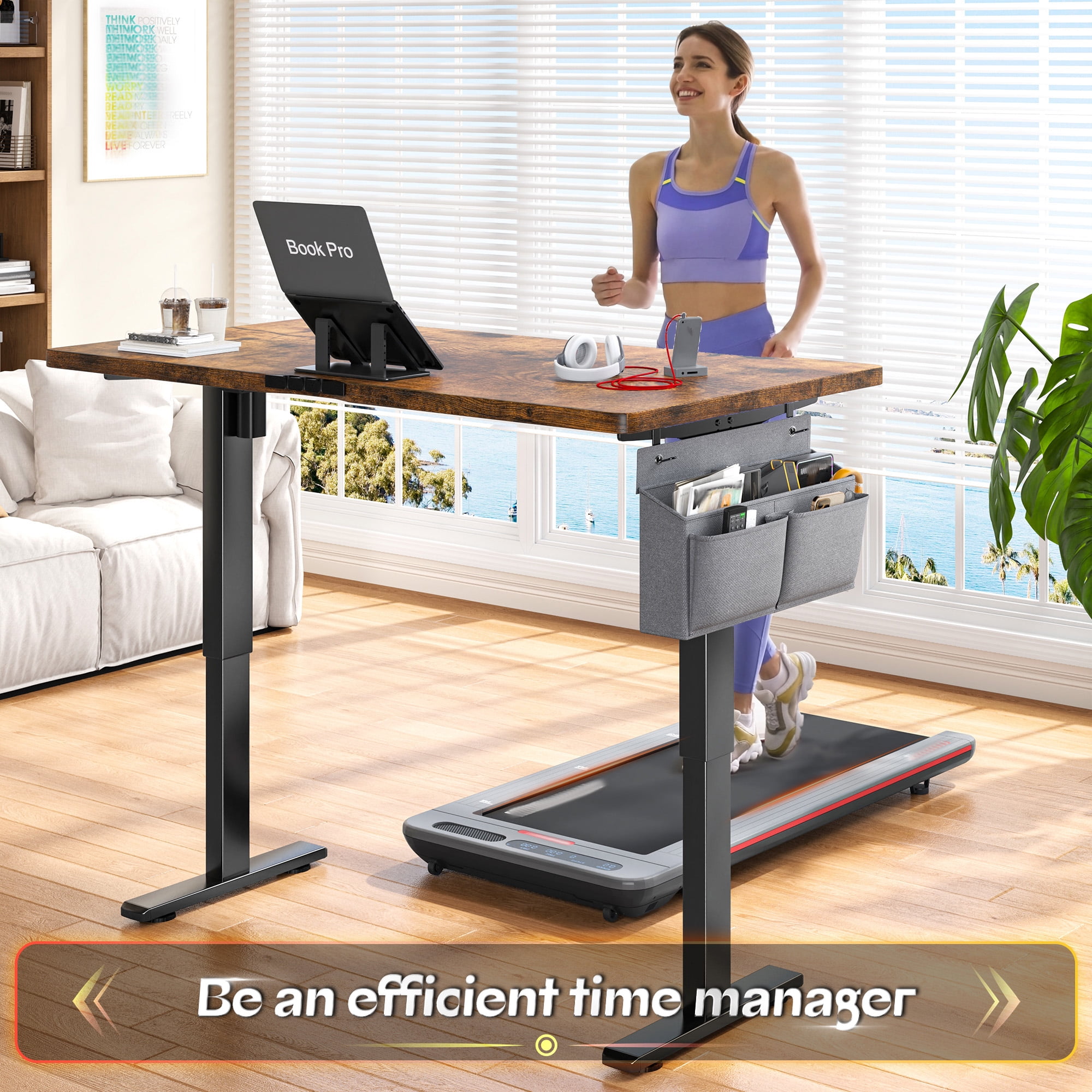 EnHomee Standing Desk Electric Adjustable Height Desks with LED, 48 x 24 Inch Computer Desk with 3 Memory Preset,Sit Stand Up Desks with Side Pocket and Cable Management,Rustic Brown