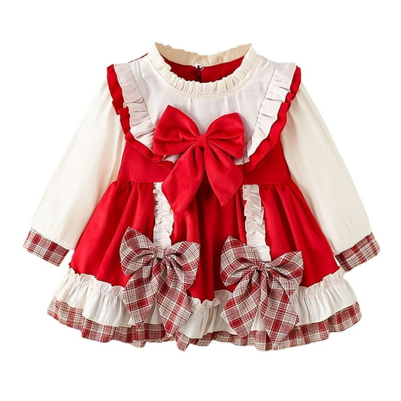 Toddler Girl Dresses Winter Long Sleeve Lace Lolita Vintage Plaid Bow Stand Collar Princess Dresses Clothes for Girls Size 6-9 Months