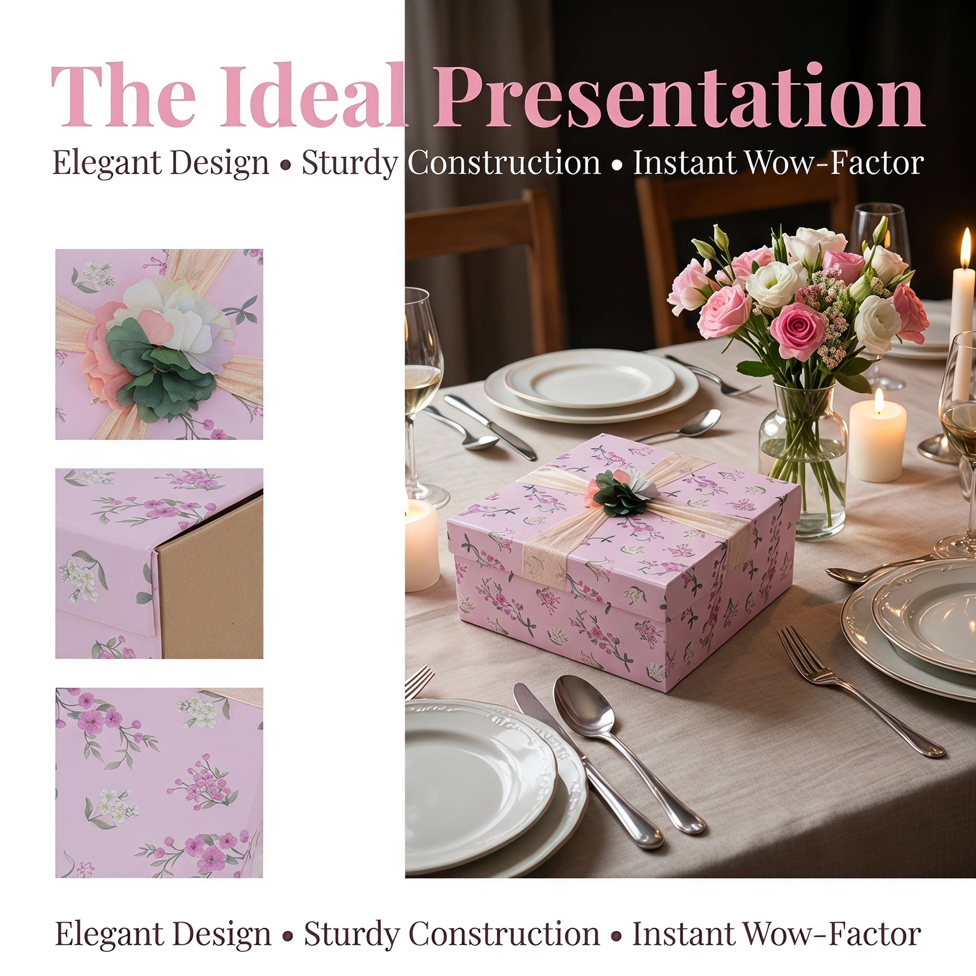 Unique Bargains Elegant Rigid Present Gift Box with Printed Ribbon Pink 7.5"x7.5"x3.1"