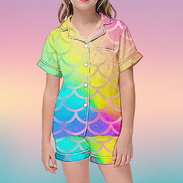 Girls Fashion Printed Short Sleeve Pajama Set with Lapel Collar and Button Down Top