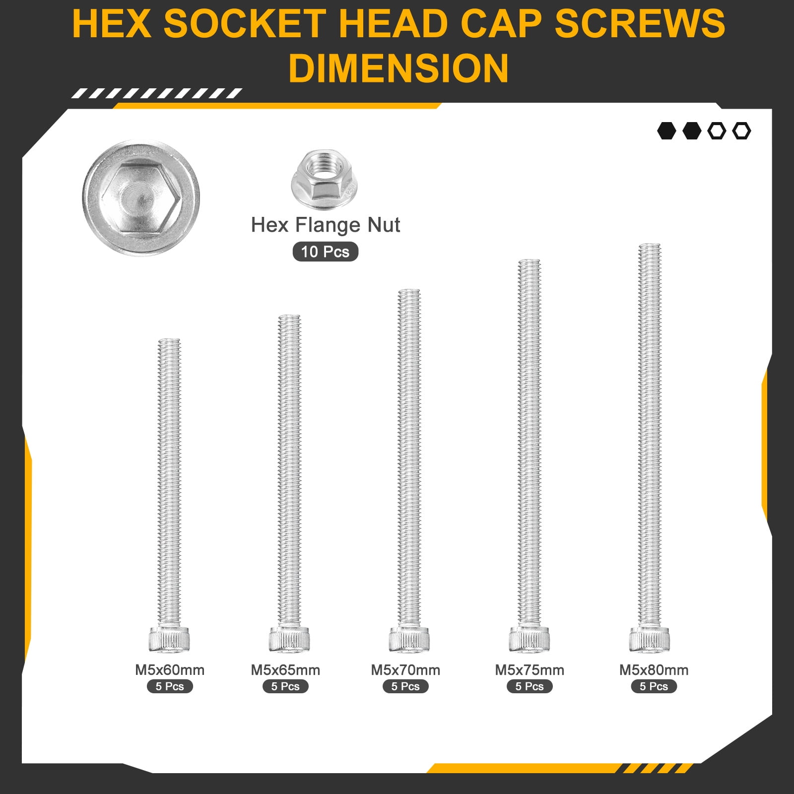 Uxcell M5x0.8x60/65/70/75/80 Hex Socket Head Cap Screws Blots - 35Pack - 304 Stainless Steel Screws Bolts and Flange Nut