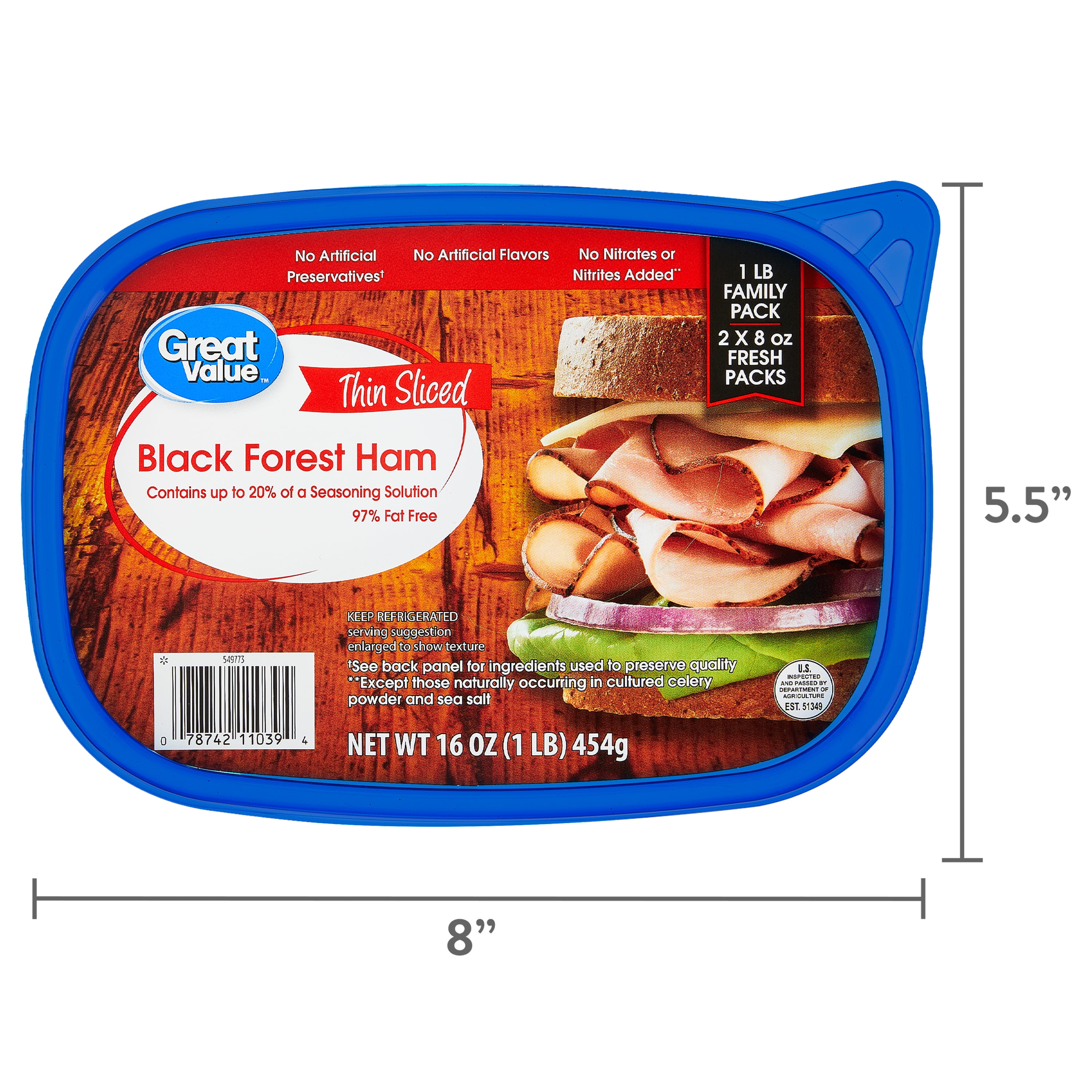 Great Value Thin Sliced Black Forest Ham Lunchmeat, Family Pack, 1 lb, Resealable Plastic Tub, 10 g of Protein per 2 oz Serving