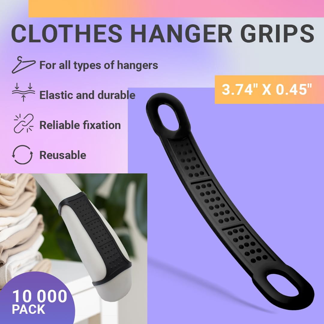 Black Clothes Hanger Grips. 10000 Pack of Non-Marking Silicone Non Slip Rubber Hanger Grips. Durable Nonslip Hanger Strips. Elastic and Light Clothing Hanger Strips with Dotted Surface