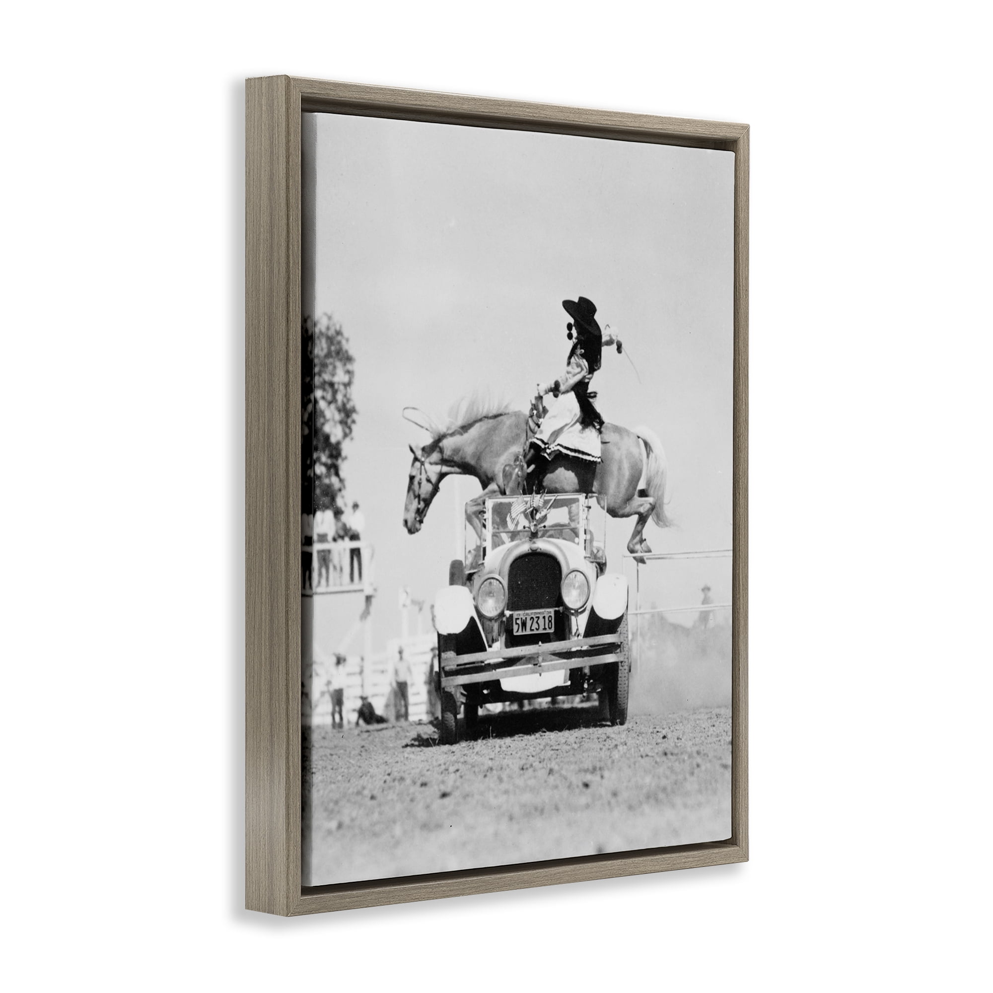 Stupell Industries Rodeo Girl Jumping Horse Animals Photography Brown Floater Framed Canvas Art Print Wall Art, 17 x 21