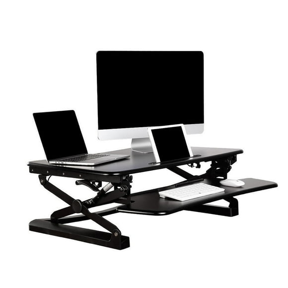 35" Wide Standing Desk Converter, Ergonomic Sit to Stand Adjustable Desk Riser Dual Monitor Computer Workstation, Black