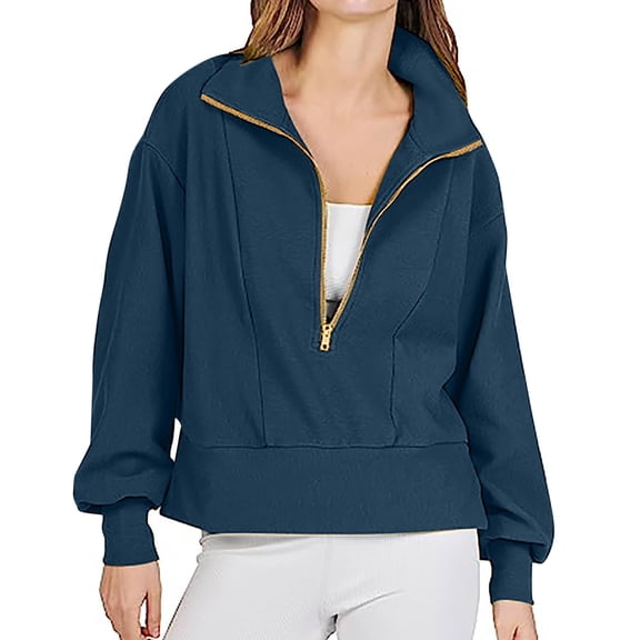Azrian Hoodies for Womens Clearance,Womens Sweatshirts Clearance,Women Pure Color Half Zip Cropped Sweatshirt Casual Pullover Lapel Clothes Blouse Tops Deals for Winter 2023 on Sale