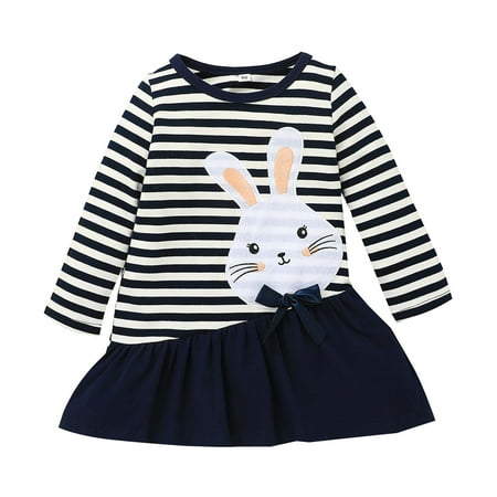 

Toddler Girls Casual Cartoon Striped Dress Princess Long Printed Rabbit Easter Sleeve