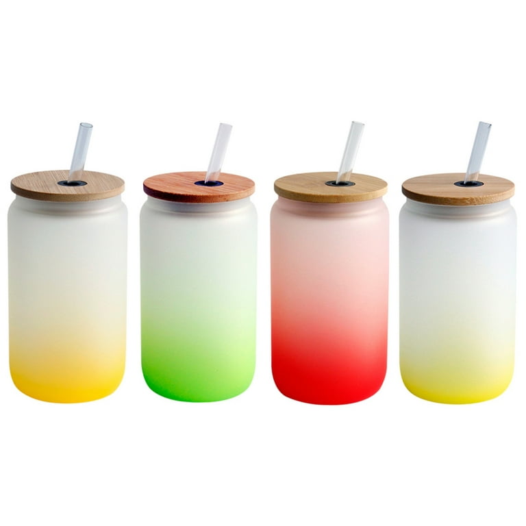 NUOLUX 4Pcs Glass Cups Wide Mouth Drinking Glasses with Bamboo Lids Square  Handle Cup and Straws 