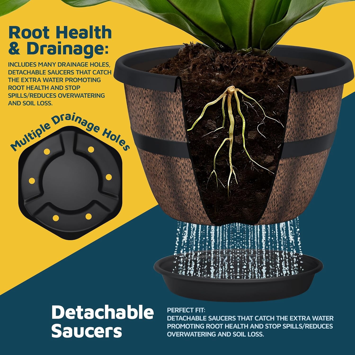 10-Inch Whiskey Barrel Planters Outdoor Pack of 6 - Durable Plastic Plant Pots for Indoor & Outdoor Use with Drainage & Saucer, Lightweight Rustic Barrel Planters for Flowers, Herbs & Small Plants