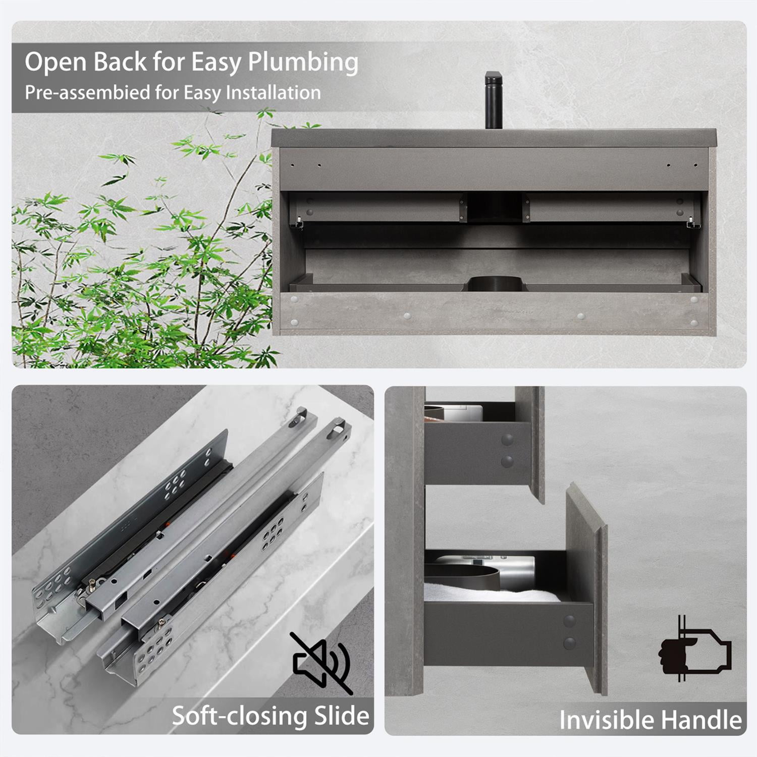 Demi Bonn 47" Floating Bathroom Vanity with Sink, Black Quartz Sand Top Basin and 2 Soft Close Drawers, Faucets and Drains Not Included, Gray