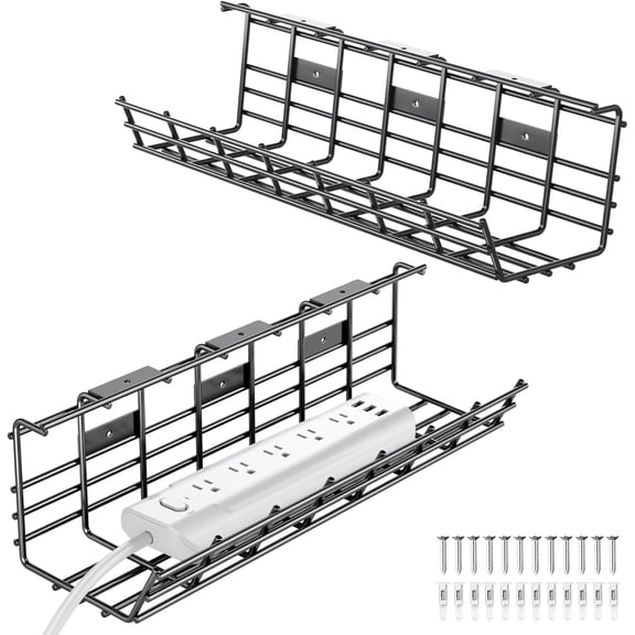 Delamu 2 Pack Under Desk Cable Management Tray, Desk Cord Organizer Cable Management Box, Black