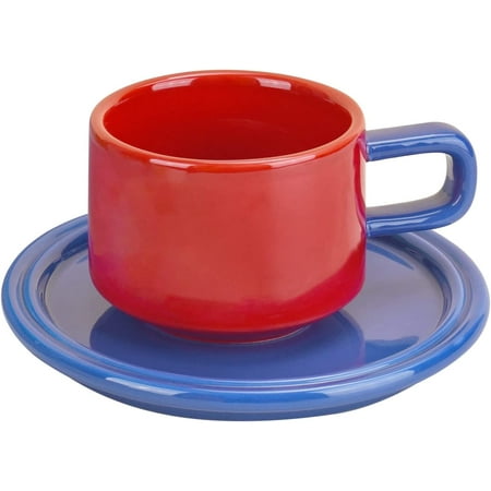 

JLMMEN STORE Ceramic Coffee Mug Creative Contrast Color Mug with Saucer Set for Office and Home Cute Cup with Comfortable Handle 8.5 oz/250 ml for Latte Tea Milk (Red and Blue)