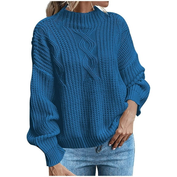Fmbrln Womens Trendy Long Sleeve Knitted Sweaters Fall Fashion Casual Crew Neck Solid Color Shirts Loose Comfy Pullover Tops Blue XL