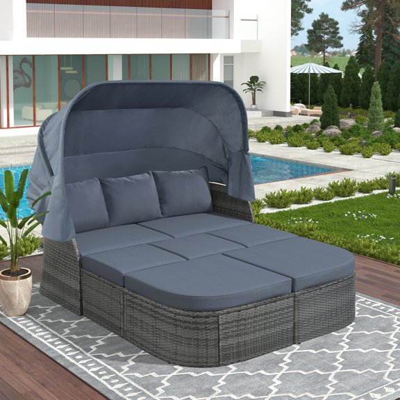 Outdoor Daybed with Canopy, 6 Piece PE Wicker Sectional Furniture Set with Ottomans, Rattan Conversation Sofa Set, Patio Sunbed with Cushions, for Backyard, Pool, Garden, Gray, D6939