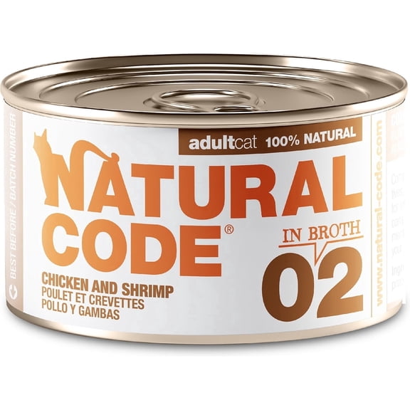 Natural Code - Wet Cat Food, Limited Ingredient Cat Food, High-Protein, Non-GMO, No Artificial Additives, Made In Italy, Chicken & Shrimp in Broth for Adult Cats (3 oz, 24 Pack)