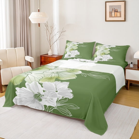 Manfei Green White Flower Twin Sheet Sets,Country Floral Twin Fitted Sheet,Rustic Aestheric Flat Sheet For Girls Kids,Breathable Home Decor,3-Piece