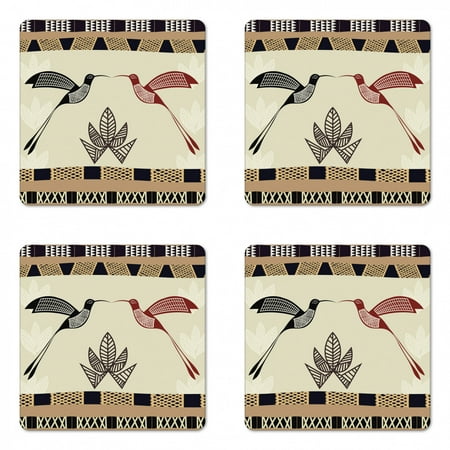 

Hummingbird Coaster Set of 4 Image of Bamboo and Hummingbirds Geometric Pattern Traditional Tribal Art Square Hardboard Gloss Coasters Standard Size Brown Black by Ambesonne