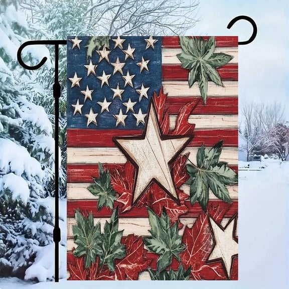 RKSupls Patriotic Linen Double Sided Garden Flag, Independence Day Themed Yard Decor, Patriotic Flag Wooden Stars Leaves Outdoor Banner for Holiday Lawn
