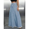 thumbnail image 3 of Women's Retro Distressed High Waist Frayed Hem A Line Wash Maxi Long Denim Skirt with Pockets, 3 of 10