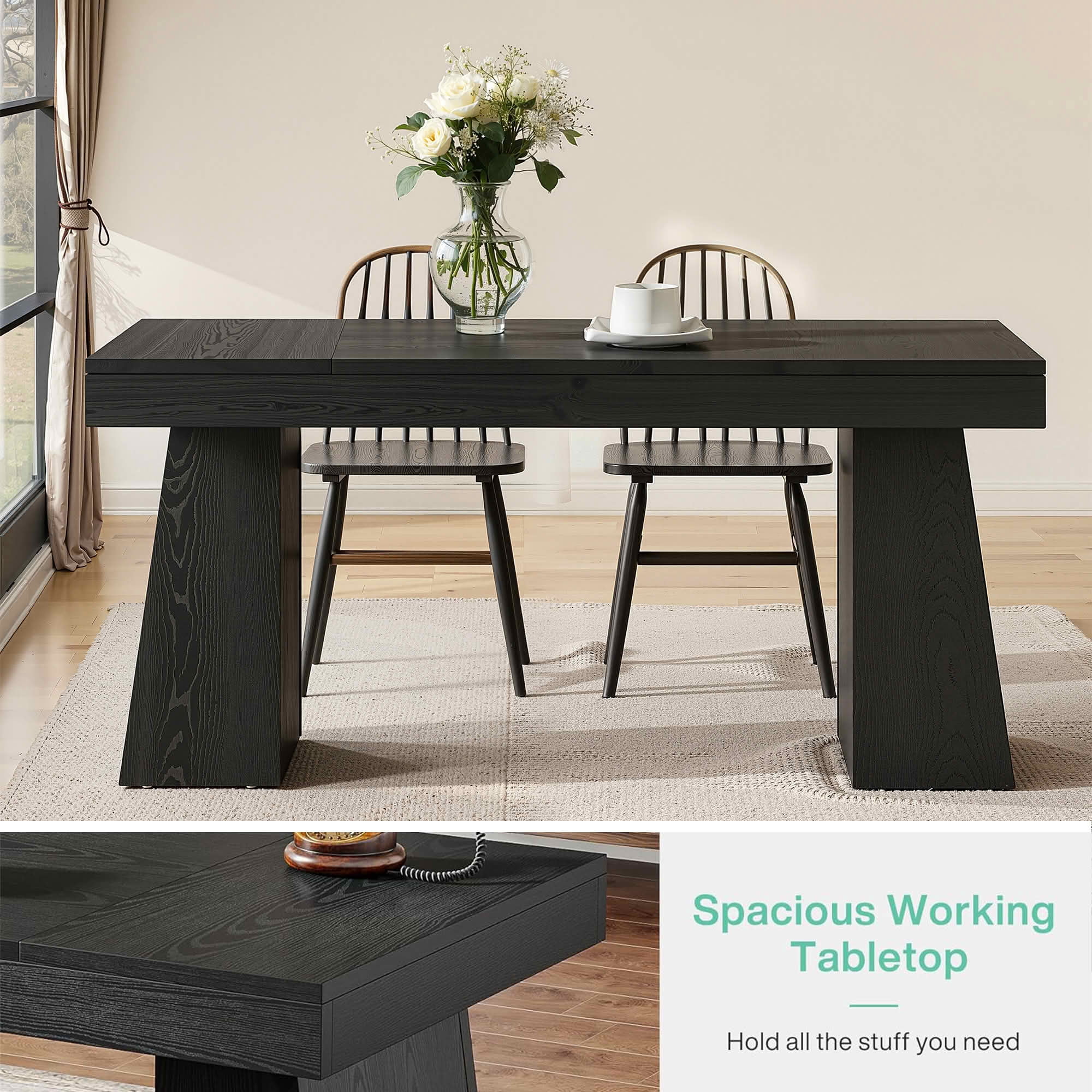MAYEERTY 55 Inch Farmhouse Double Pedestal Dining Table, Black MDF Trapezoid Leg Table Seats 4-6 for Small Spaces