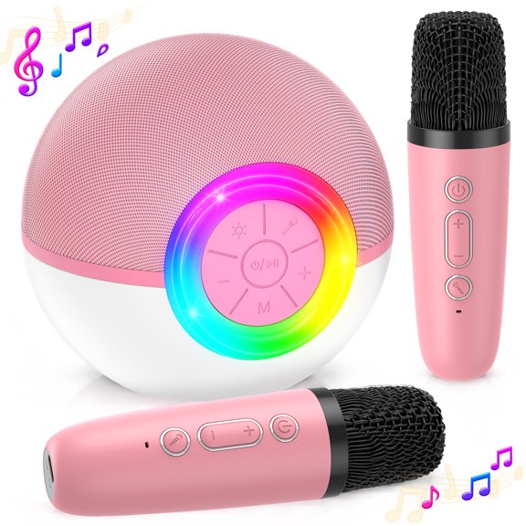 QUNSE Karaoke Machine for Kids with 2 Wireless Microphones, Portable Mini Bluetooth Speaker with 5 Voice Effects, LED Lights, TF Card Support and AUX Input for Home Parties, Pink