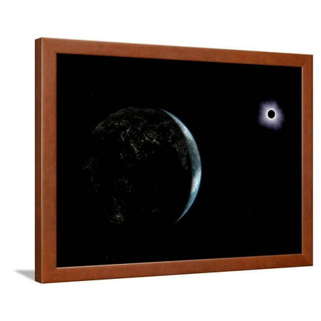 Illustration of the City Lights on a Dark Earth During a Solar Eclipse Framed Print Wall Art By Stocktrek