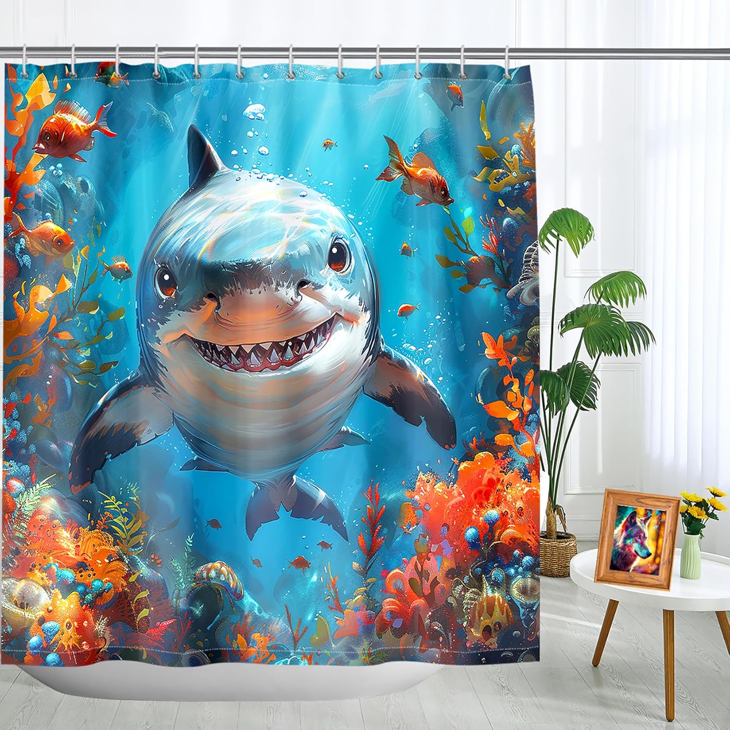 4 Pcs Shark Shower Curtain Set - Shark Bath Curtain, Blue Shark Bathroom Ocean Themed Shower Curtain for Kids Boys Girls, Sea Animal Shower Curtain with Rug, Toilet Cover, Bath Mat with 12 Hooks