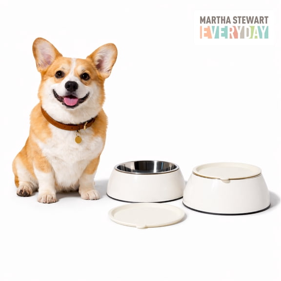 3 in 1 Martha Stewart Melamine Dog Bowl Set with Lid for Small/Medium Dogs, Cream